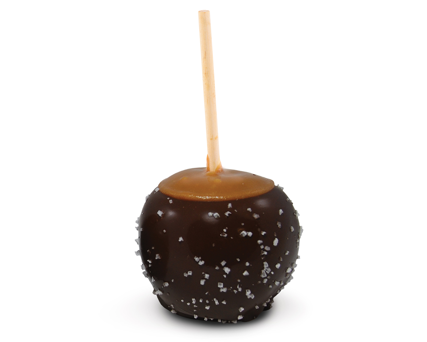 Chocolate caramel apple with sea salt on stick