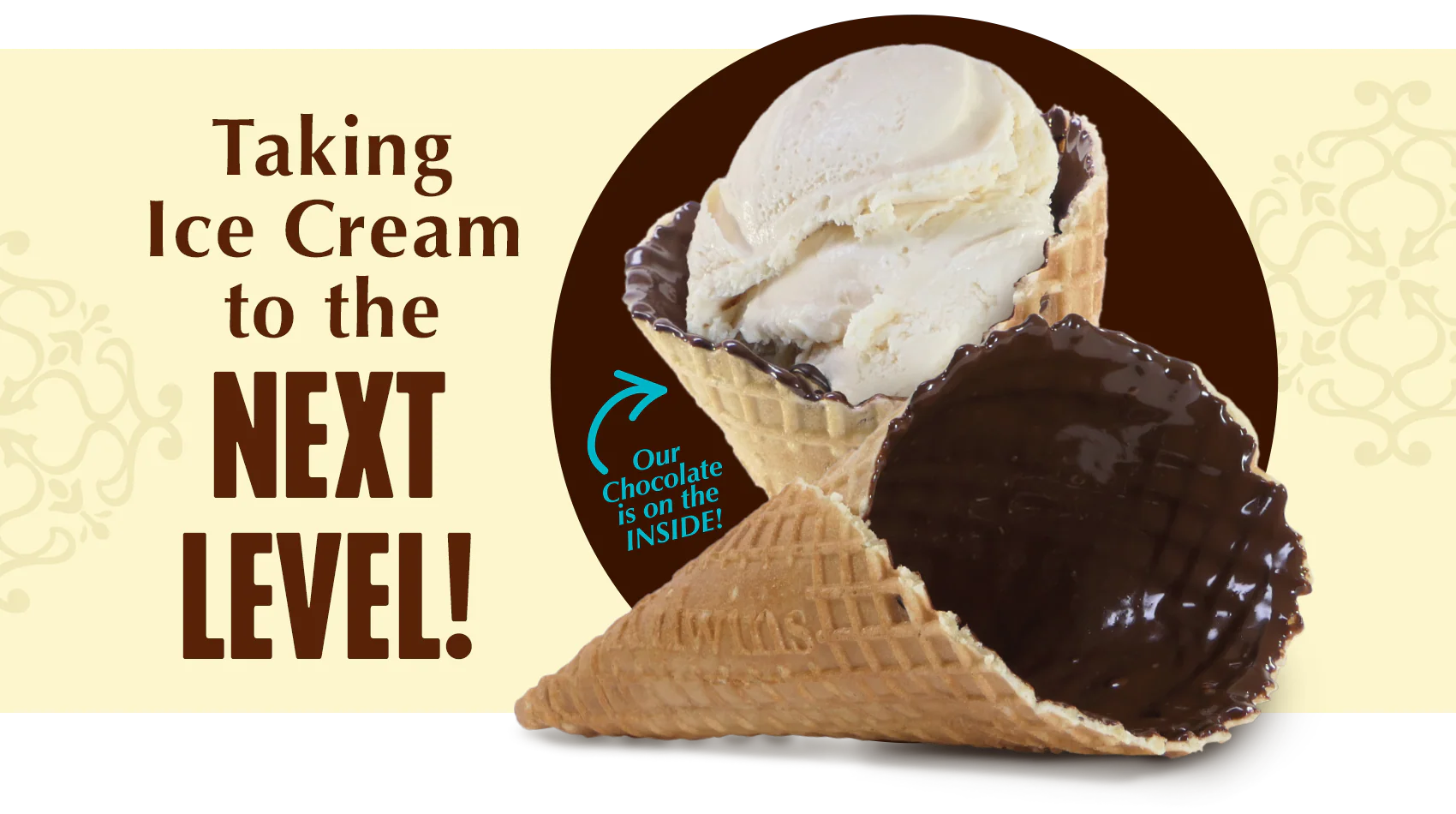 Vanilla ice cream in chocolate lined waffle cone