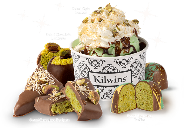 Assorted Dubai-style chocolates and sundae from Kilwins.
