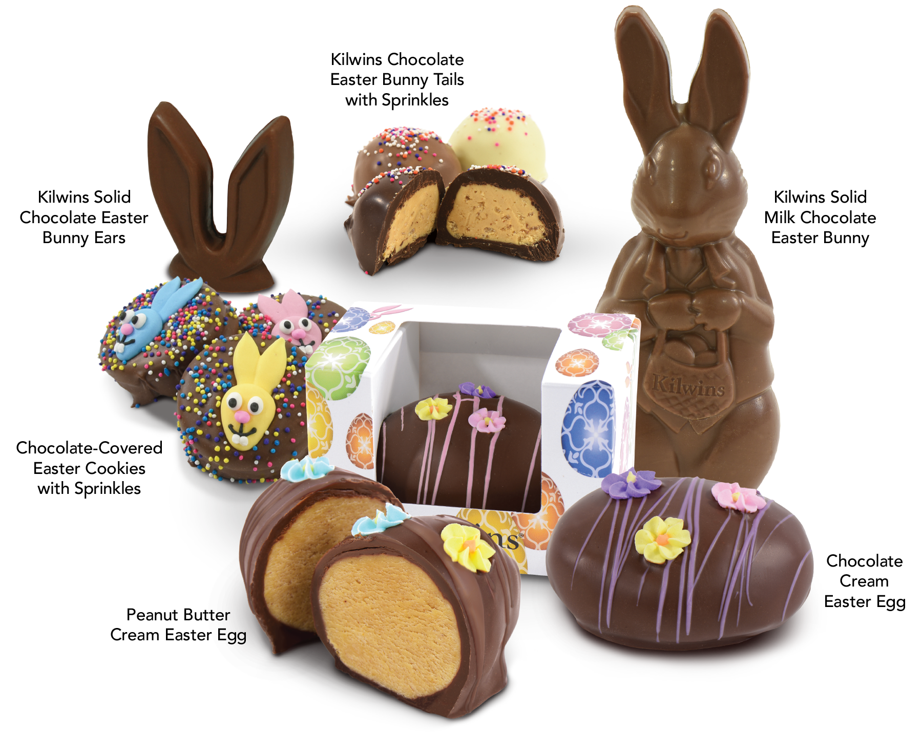 Kilwins Chocolate Easter Bunny Tails with Sprinkles | Kilwins Solid Milk Chocolate Easter Bunny | Chocolate Cream Easter Egg | Peanut Butter Cream Easter Egg | Chocolate-Covered Easter Cookies with Sprinkles | Kilwins Solid Chocolate Easter Bunny Ears
